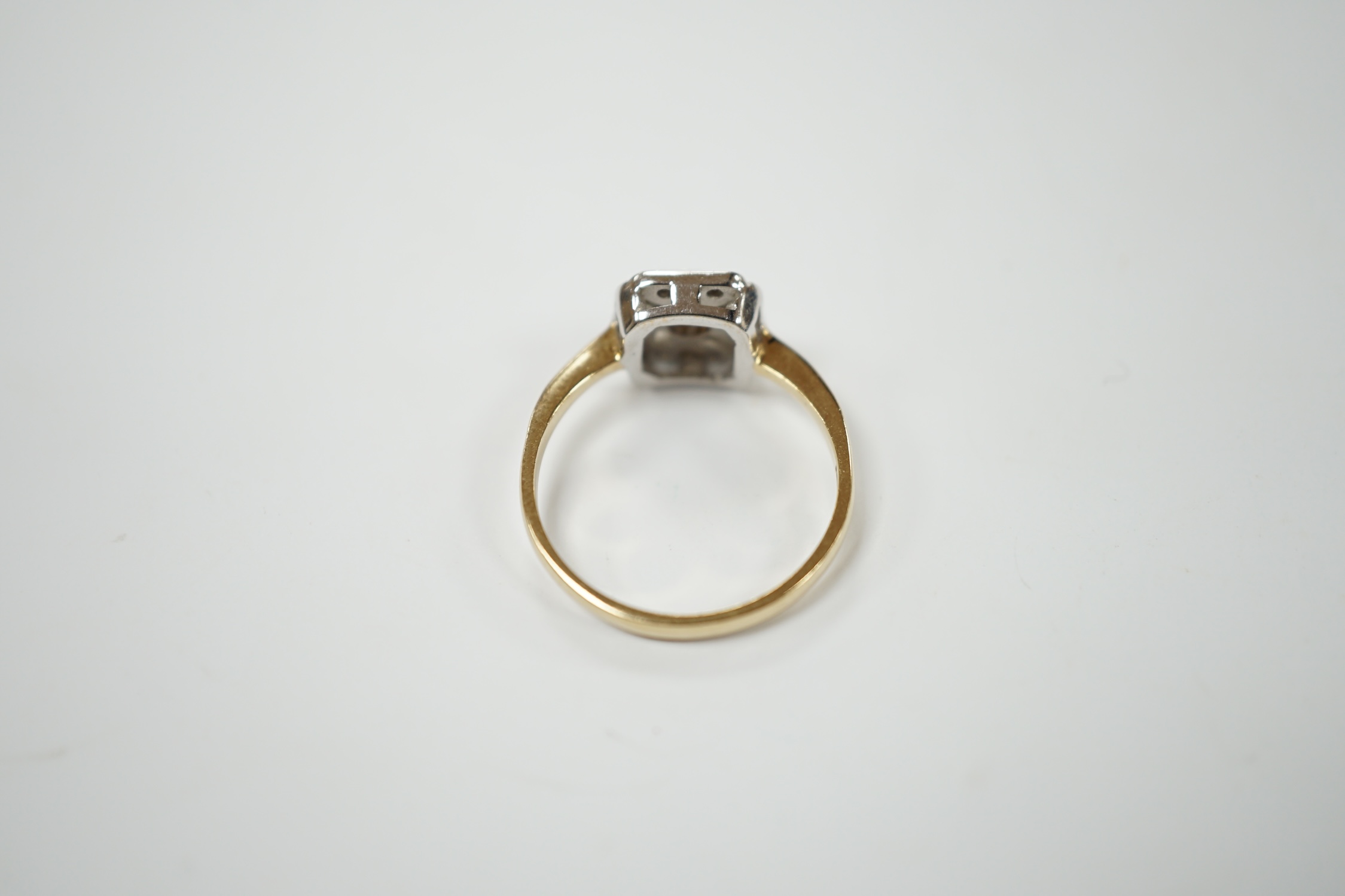 A modern 1920's style 9ct gold and diamond set cluster ring, size P, gross weight 2.6 grams. Condition - fair to good